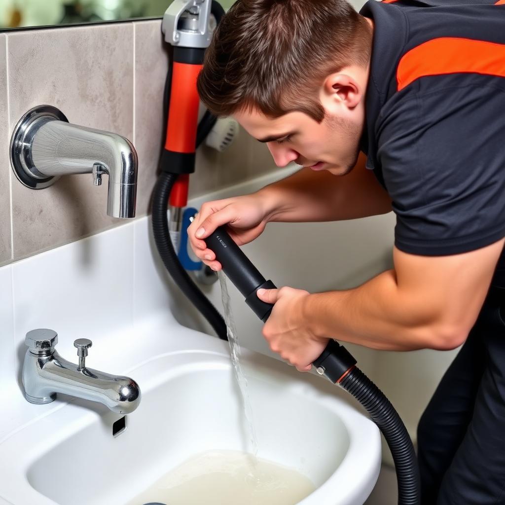 Técnico desentupindo pia com equipamento profissional